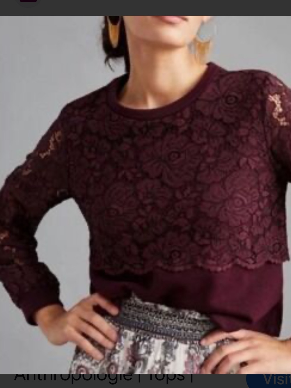 Maeve by Anthropologie Aubergine Lace Overlay Cropped Sweatshirt